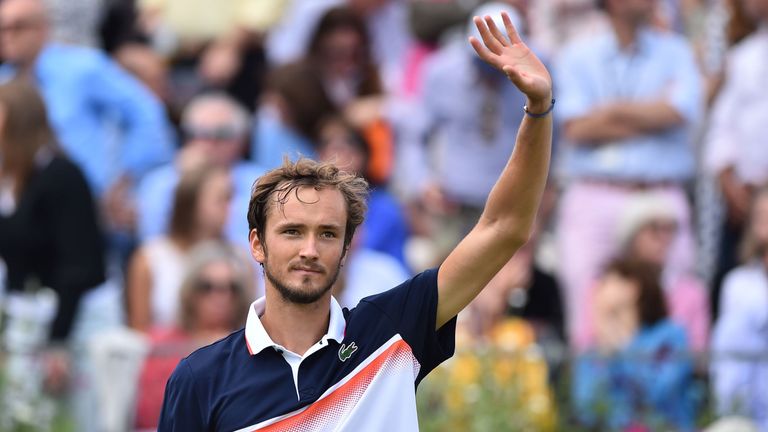 Russia's Daniil Medvedev celebrates his straight sets win over Argentina's Diego Schwartzman in their men's singles quarter final tennis match at the ATP Fever-Tree Championships tournament at Queen's Club in west London on June 21, 2019.