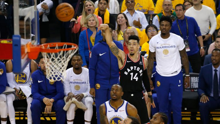 Danny Green of the Toronto Raptors attempts a shot against the Golden State Warriors in the first half during Game 3 of the 2019 NBA Finals