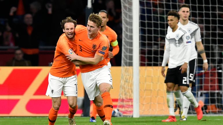 Matthijs De Ligt celebrates a goal against Germany