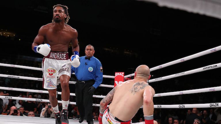 June 29, 2019; Providence, RI; WBO middleweight champion Demetrius Andrade and Maciej Sulecki during their June 29, 2019 Matchroom Boxing USA card at the Dunkin Donuts Center in Providence, RI.  Mandatory Credit: Ed Mulholland/Matchroom Boxing USA