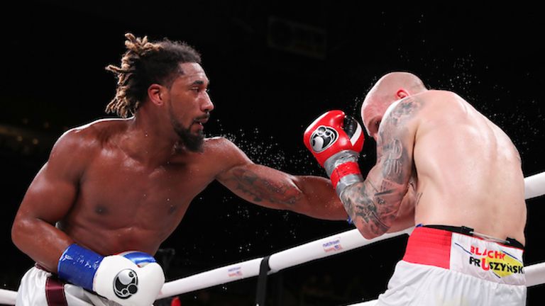 June 29, 2019; Providence, RI; WBO middleweight champion Demetrius Andrade and Maciej Sulecki during their June 29, 2019 Matchroom Boxing USA card at the Dunkin Donuts Center in Providence, RI.  Mandatory Credit: Ed Mulholland/Matchroom Boxing USA