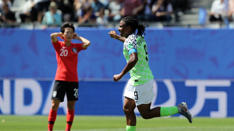 Desire Oparanozie of Nigeria celebrates after South Korea's Do-Yeon Kim scores an own goal