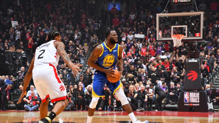 Draymond Green #23 of the Golden State Warriors looks to pass against the Toronto Raptors during Game One of the NBA Finals on May 30, 2019 at Scotiabank Arena in Toronto, Ontario, Canada