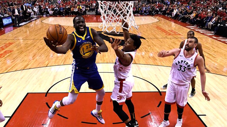 Draymond Green #23 of the Golden State Warriors attempts a shot against the Toronto Raptors during Game Two of the 2019 NBA Finals at Scotiabank Arena on June 02, 2019 in Toronto, Canada. 