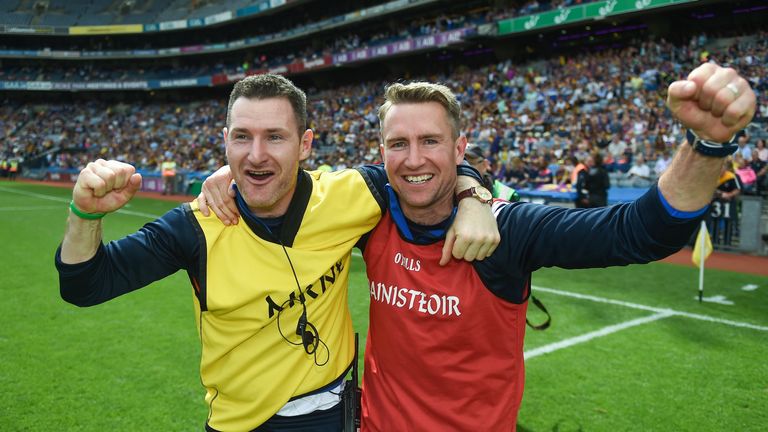 Laois manager Eddie Brennan (left) celebrates with selector and former Dublin hurler Niall Corcoran