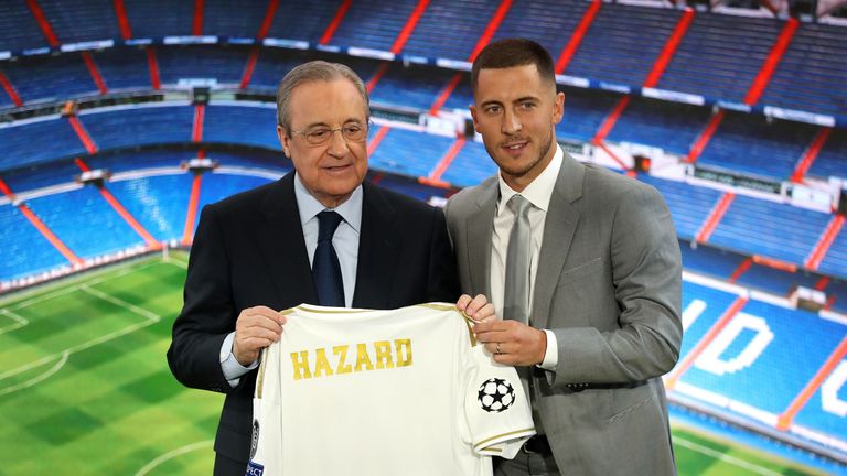 New Real Madrid signing Eden Hazard is unveiled by club president Florentino Perez
