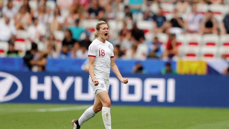 Ellen White celebrates scoring England's second goal against Scotland at Women's World Cup