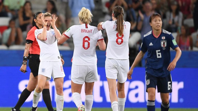 White celebrate her second with seven minutes remaining in Nice