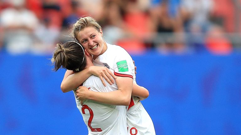 Ellen White of England celebrates with teammate Lucy Bronze after scoring her team's second goal during the 2019 FIFA Women's World Cup France Round Of 16 match between England and Cameroon 