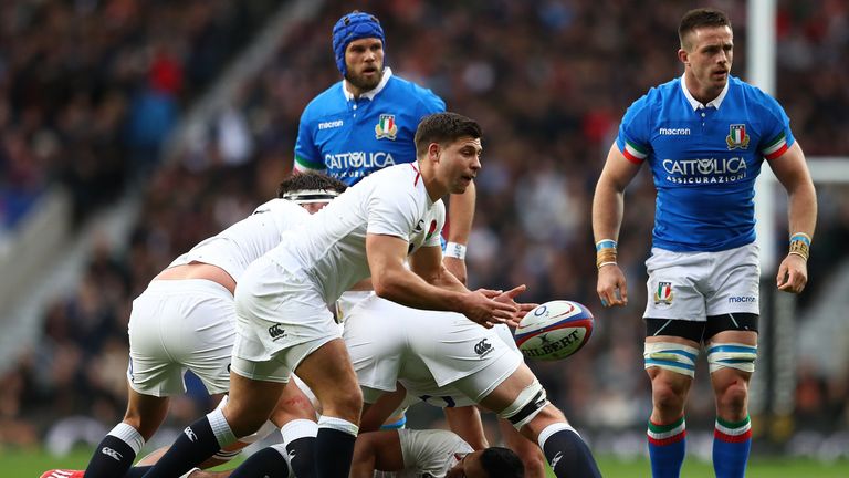 LONDON, ENGLAND - MARCH 09: Ben Youngs of England feeds a pass from a scrum during the Guinness Six Nations match between England and Italy at Twickenham Stadium on March 09, 2019 in London, England. (Photo by Michael Steele/Getty Images)