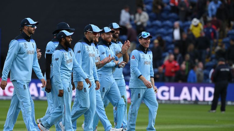 England celebrate their Cricket World Cup victory over Bangladesh