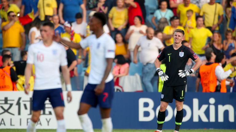 England U21 goalkeeper Dean Henderson appears dejected 