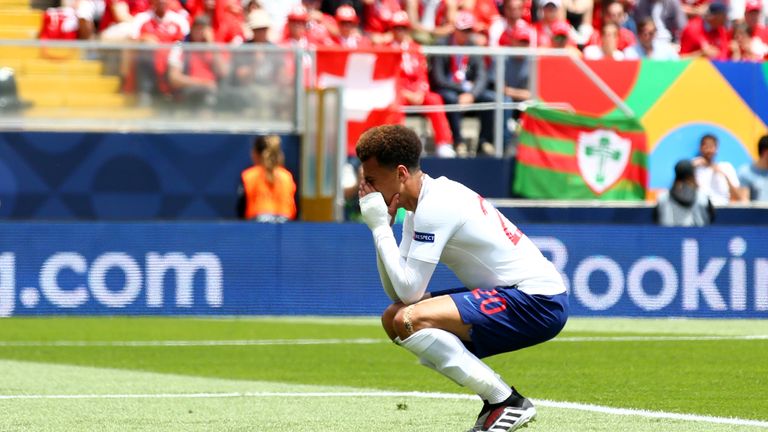 Dele Alli of England reacts after a missed chance during the UEFA Nations League Third Place Playoff match between Switzerland and England