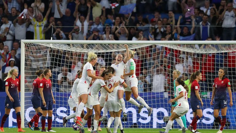 England celebrate scoring against Norway in the Women's World Cup quarter-final