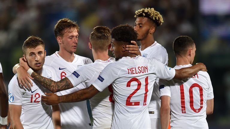 during the 2019 UEFA U-21 Group X match between XX and XX at  on June 24, 2019 in Serravalle, Italy.