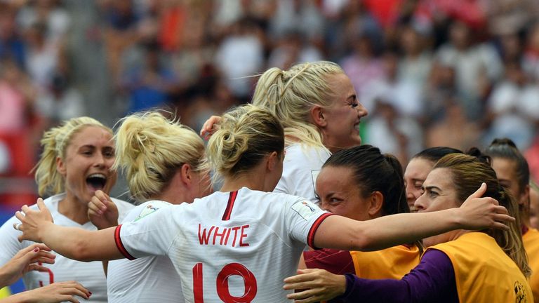 England Women celebrate during the 3-0 win over Cameroon