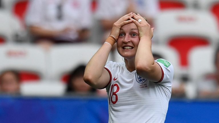 Ellen White reacts after her goal is ruled out for offside