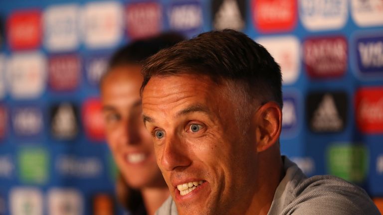 Phil Neville during the England Women press conference ahead of the game against Cameroon 