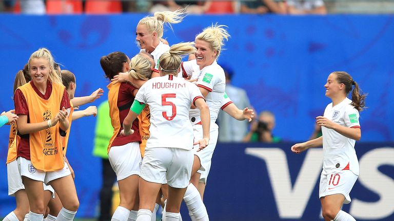 England Women celebrate a goal against Cameroon