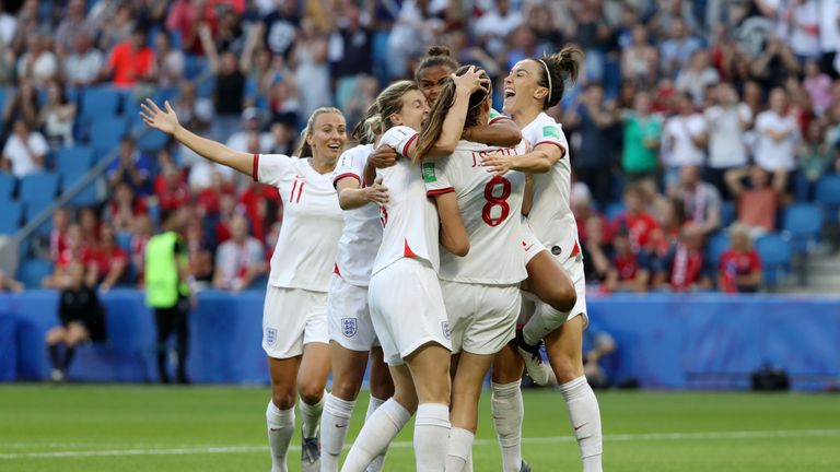 Jill Scott celebrates scoring against Norway with England team-mates