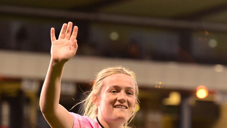 GLASGOW, SCOTLAND - MAY 28: Erin Cuthbert waves to the fans at the final whistle during the Women's International Friendly between Scotland and Jamaica at Hampden Park on May 28, 2019 in Glasgow, Scotland. (Photo by Mark Runnacles/Getty Images)