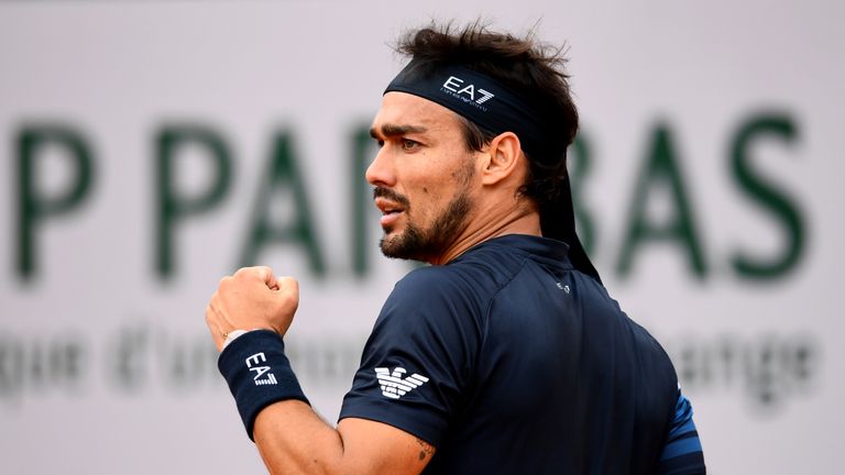 Fabio Fognini of Italy celebrates during his mens singles fourth round match against Alexander Zverev of Germany during Day nine of the 2019 French Open at Roland Garros on June 03, 2019 in Paris, France. 