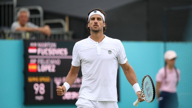Feliciano Lopez of Spain celebrates match point during his First Round Singles Match against Marton Fucsovics of Hungary during day Three of the Fever-Tree Championships at Queens Club on June 19, 2019 in London, United Kingdom. 