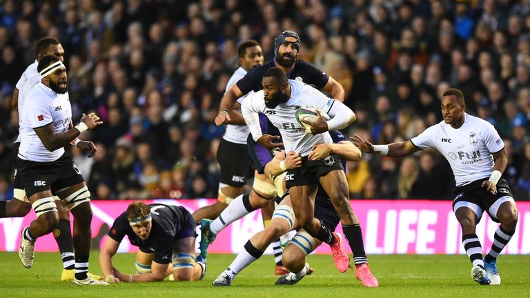 Fiji's centre Semi Radradra (C) is tackled during the international rugby union match between Scotland and Fiji at Murrayfield Stadium in Edinburgh on November 10, 2018. (Photo by ANDY BUCHANAN / AFP) (Photo credit should read ANDY BUCHANAN/AFP/Getty Images)