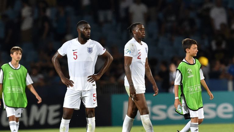 Fikayo Tomori and Aaron Wan-Bissaka during the 2019 UEFA U-21 Group C match between England and France at Dino Manuzzi Stadium on June 18, 2019 in Cesena, Italy.
