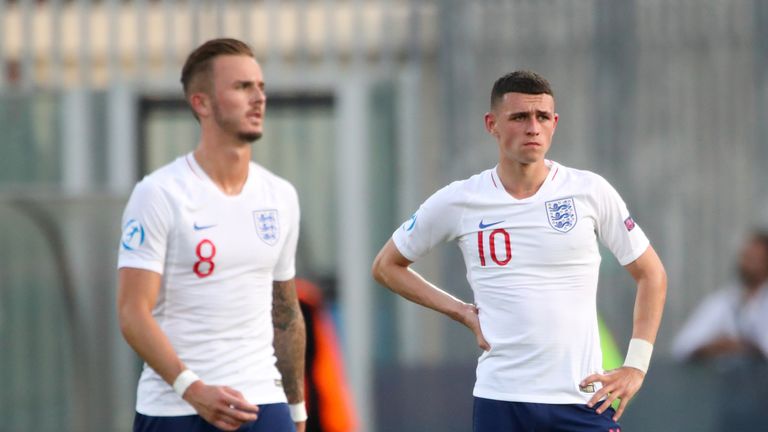England U21's James Maddison (left) and England U21's Phil Foden appear dejcted during the 2019 UEFA European Under-21 Championship, Stadio Dino Manuzzi in Cesena, Italy. PRESS ASSOCIATION Photo. Picture date: Friday June 21, 2019. See PA story SOCCER England U21. Photo credit should read: Nick Potts/PA Wire. RESTRICTIONS: Editorial use only in permitted publications not devoted to any team, player or match. No commercial use. Stills use only - no video simulation. No commercial association without UEFA permission. Please contact PA Images for further information.