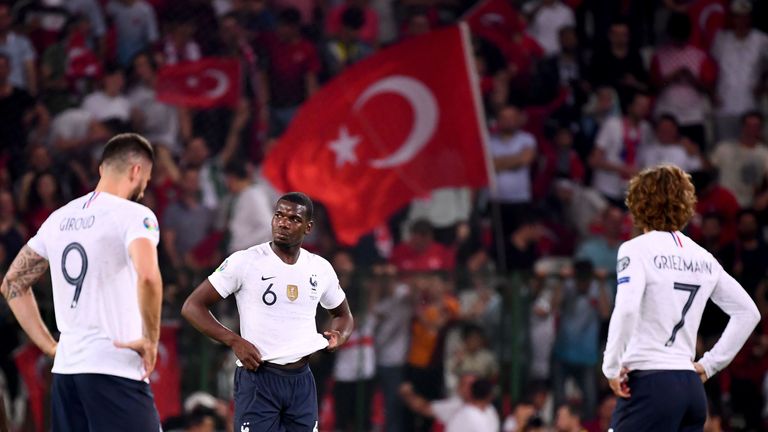 Paul Pogba and Olivier Giroud look dejected as France go 2-0 down against Turkey 