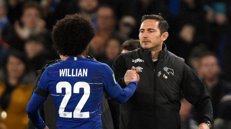 Willian and Frank Lampard acknowledge each other during a League Cup encounter at Stamford Bridge