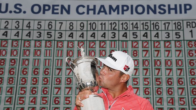 Gary Woodland poses with the US Open trophy