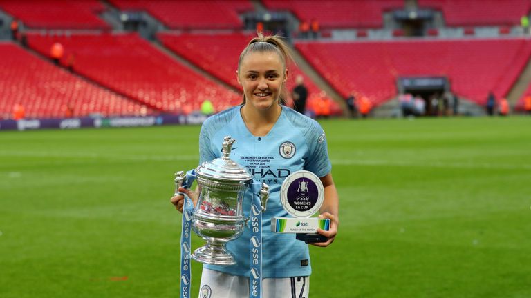 LONDON, ENGLAND - MAY 04: Georgia Stanway of Manchester City Women poses with the Women's FA Cup Trophy following her team's victory in the Women's FA Cup Final match between Manchester City Women and West Ham United Ladies at Wembley Stadium on May 04, 2019 in London, England. (Photo by Catherine Ivill/Getty Images)