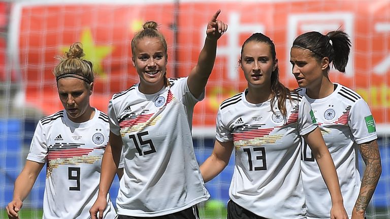 Germany defender Giulia Gwinn (C) celebrates after scoring the decisive goal against China