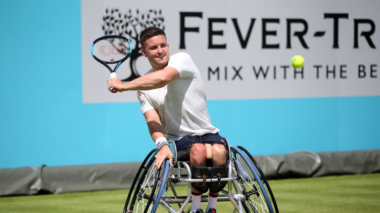Gordon Reid of Great Britain plays a shot during his Quarter-Final Wheelchair Singles Match against Gaeton Mengay of France during day Five of the Fever-Tree Championships at Queens Club on June 21, 2019 in London, United Kingdom