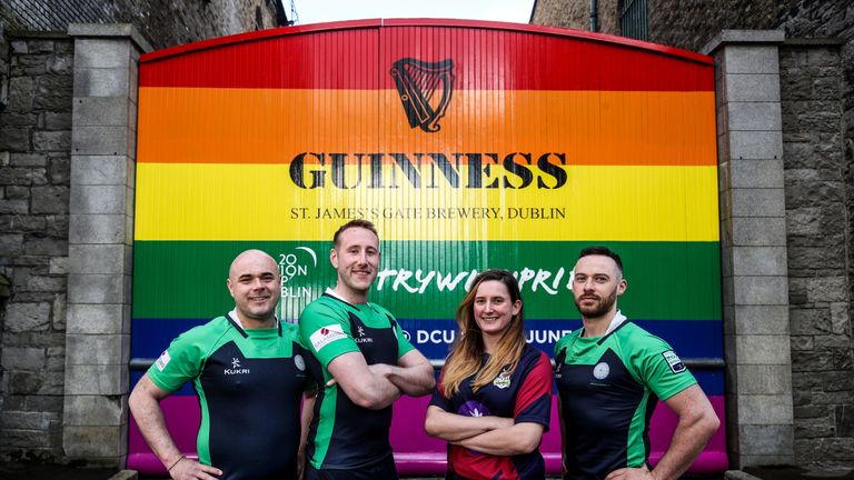 GUINNESS Gates Transformed To Support The 2019 Union Cup Dublin, Dublin 28/5/2019.Pictured L-R are Richie Fagan, Emerald Warriors President and Chair of Union Cup, John Noone, Player with the Emerald Warriors, Megan Fogarty, Tallaght RFC and Oran Sweeney,.Mandatory Credit ..INPHO/Dan Sheridan