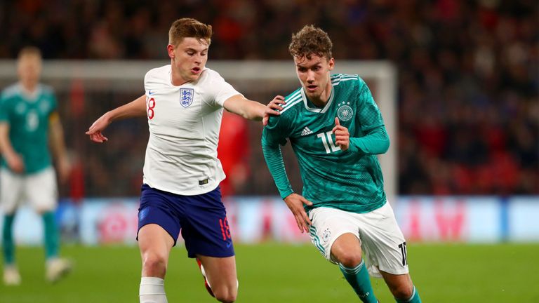 Harvey Barnes in action for the England U21 side against Germany U21s