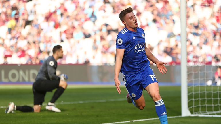 Harvey Barnes celebrates after scoring for Leicester against West Ham