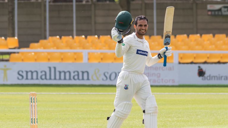 100 - Hassan Azad Acknowledges the crowd on reaching 100 during the Specsavers County Champ Div 2 match between Leicestershire County Cricket Club and Gloucestershire County Cricket Club at the Fischer County Ground, Grace Road, Leicester, United Kingdom on 17 June 2019.