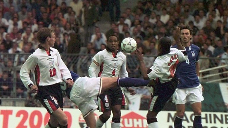 Ian Wright (second right) made three of his 33 appearances for England at Le Tournoi