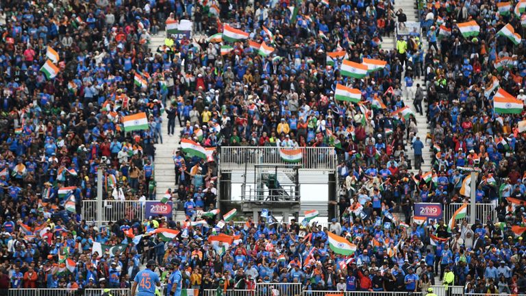India fans watch on during India's Cricket World Cup match vs Pakistan at Old Trafford