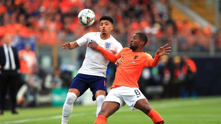 Jadon Sancho in action for England against the Netherlands