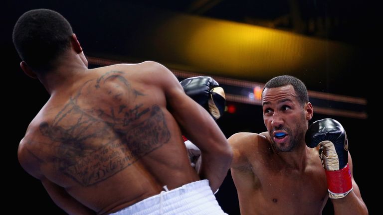 BOSTON, MA - MAY 23: Andre Derrell  James DeGale during their super middleweight fight at Agganis Arena at Boston University on May 23, 2015 in Boston, Massachusetts.  (Photo by Maddie Meyer/Getty Images)