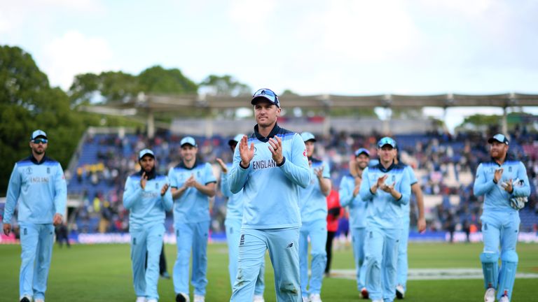 Jason Roy leads England from the field of play at Cardiff in the wake of their 106-run win over Bangladesh