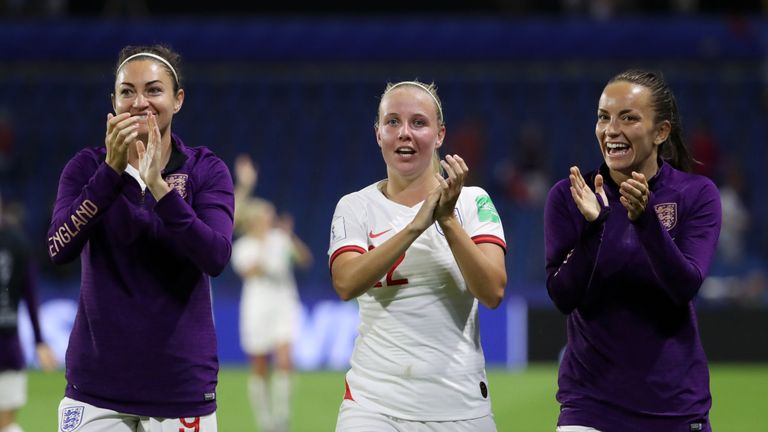Jodie Taylor, Beth Mead and Lucy Staniforth celebrate victory over Norway