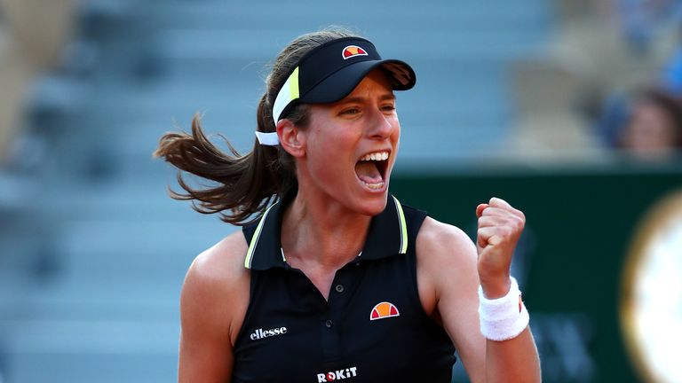 Johanna Konta of Great Britain celebrates victory during her ladies singles third round match against Victoria Kuzmova of Slovakia during Day six of the 2019 French Open at Roland Garros on May 31, 2019 in Paris, France