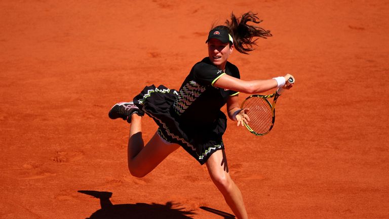 Johanna Konta of Great Britain plays a forehand during her ladies singles fourth round match against Donna Vekic of Croatia during Day eight of the 2019 French Open at Roland Garros on June 02, 2019 in Paris, France