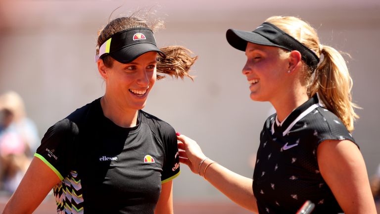 Johanna Konta of Great Britain shares a hug with Donna Vekic of Croatia after their ladies singles fourth round match during Day eight of the 2019 French Open at Roland Garros on June 02, 2019 in Paris, France. 