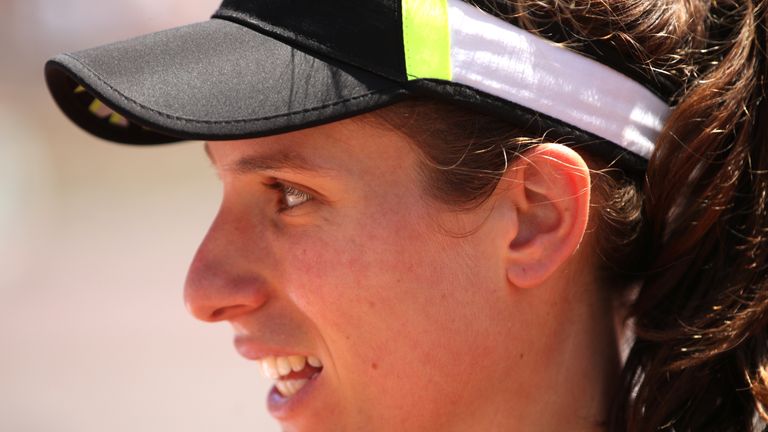 Johanna Konta of Great Britain during her ladies singles fourth round match against Donna Vekic of Croatia during Day eight of the 2019 French Open at Roland Garros on June 02, 2019 in Paris, France.